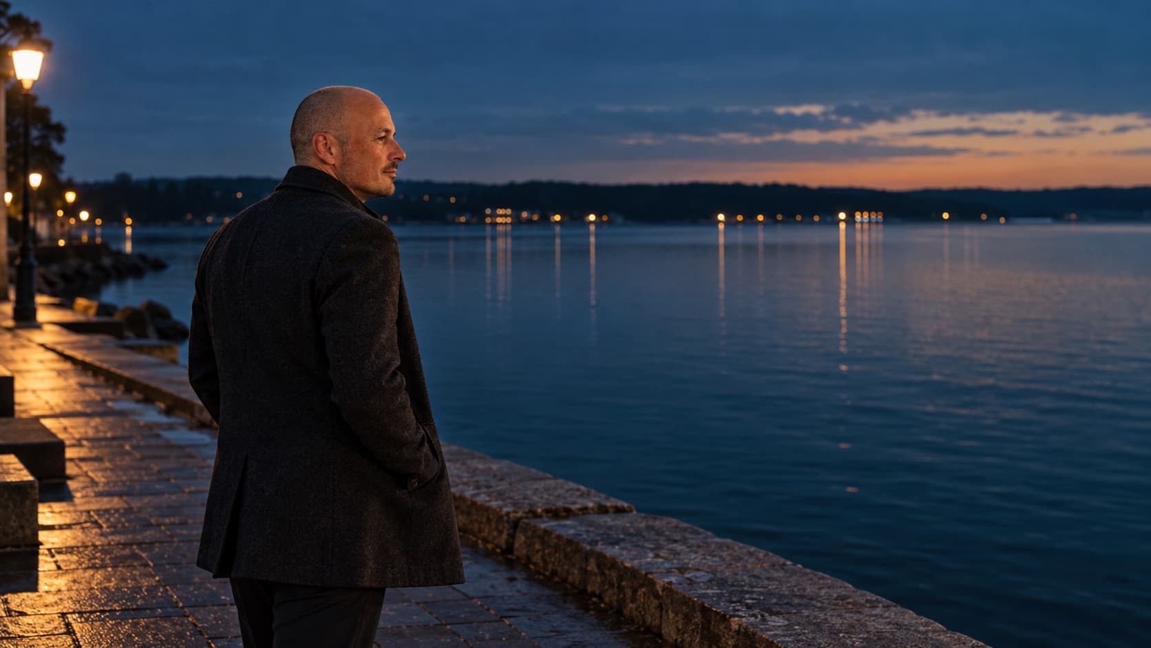 Lars Borchardt steht am Abend an einer Uferpromenade und blickt über das Wasser